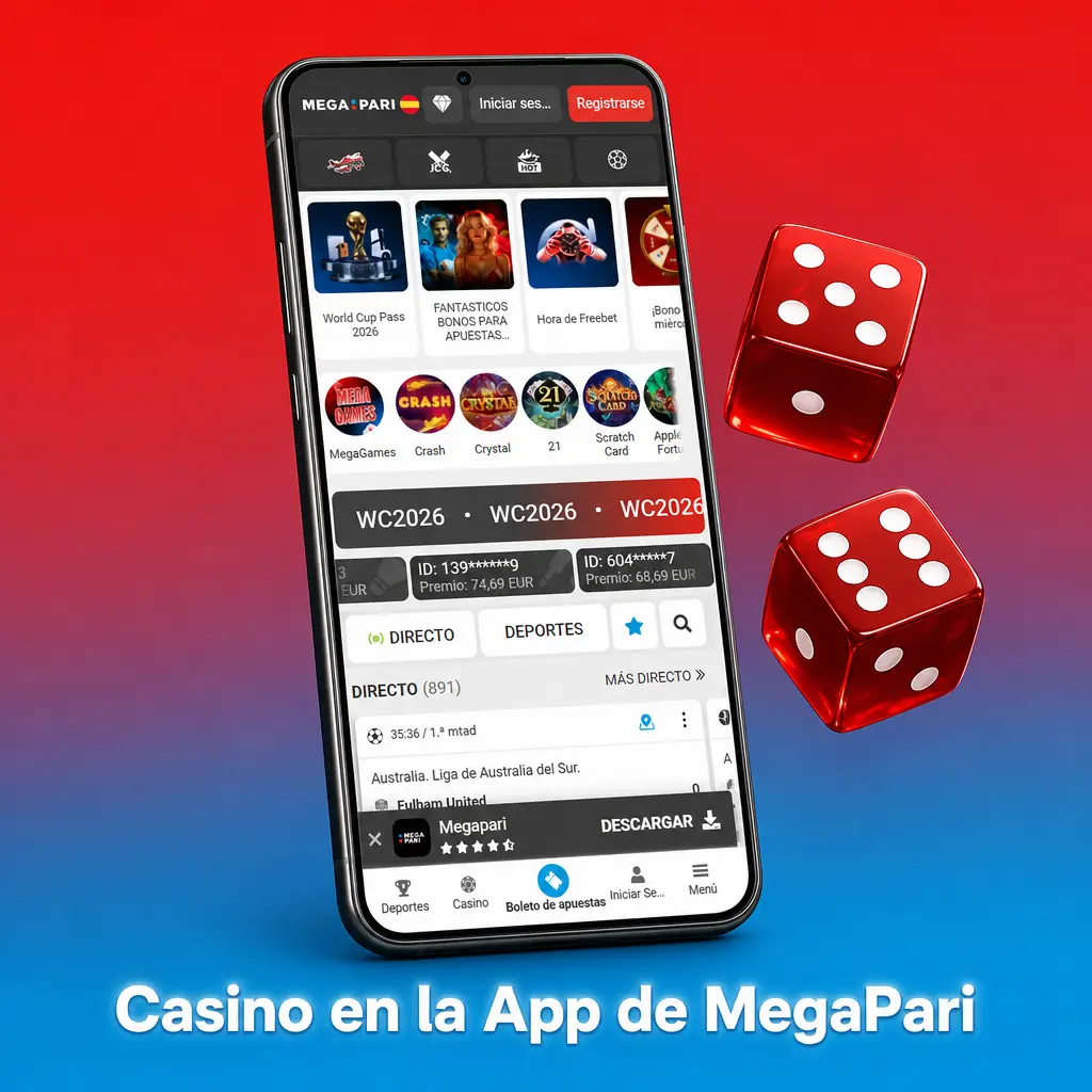 Pantalla de casino en la app de MegaPari con tragaperras, blackjack y ruleta de proveedores como Pragmatic Play