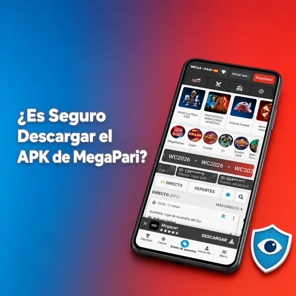 Captura de pantalla de la app MegaPari APK con indicadores de seguridad SSL y licencia Curaçao eGaming visibles